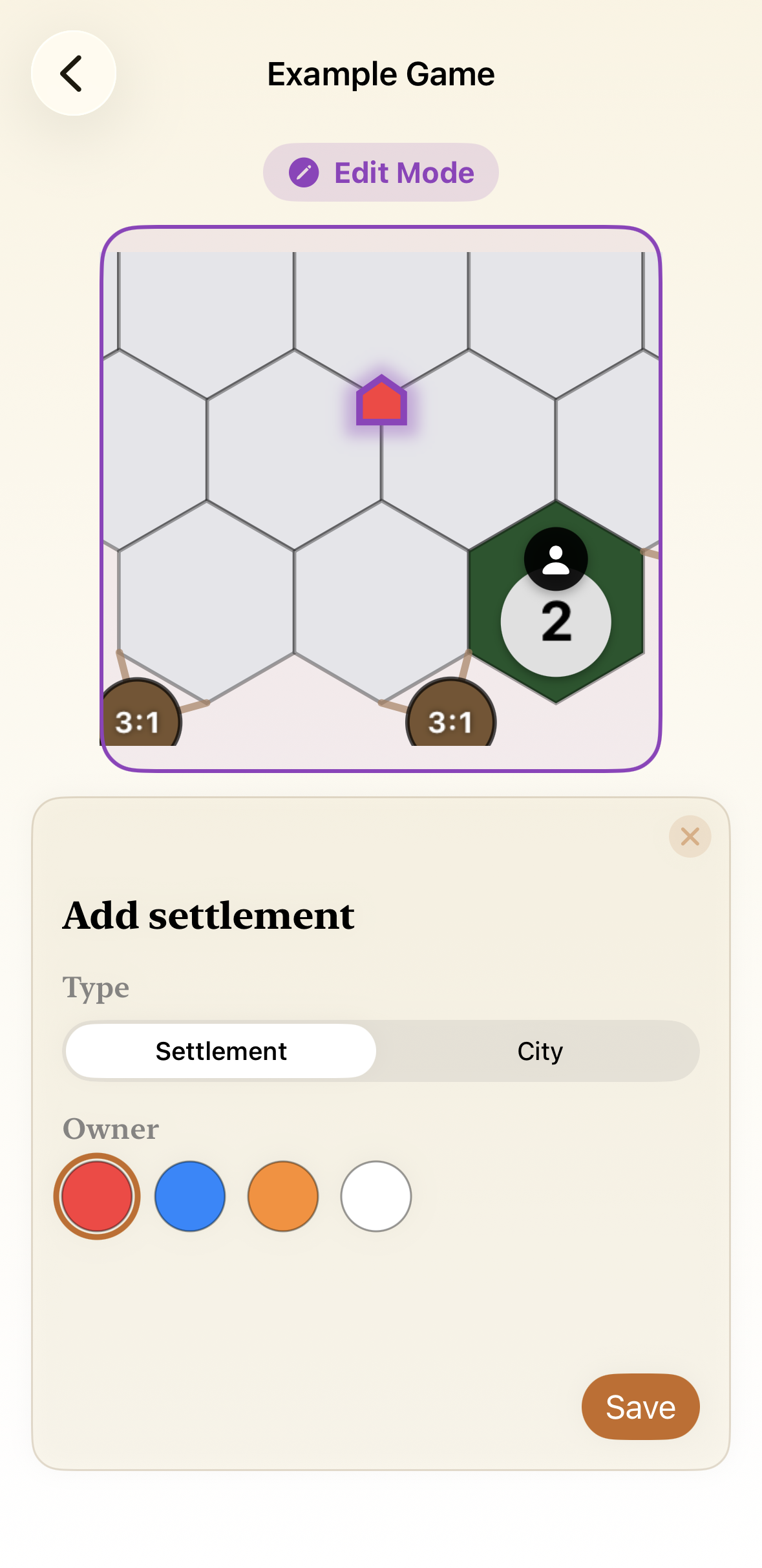 Add settlement panel with type and owner color options.
