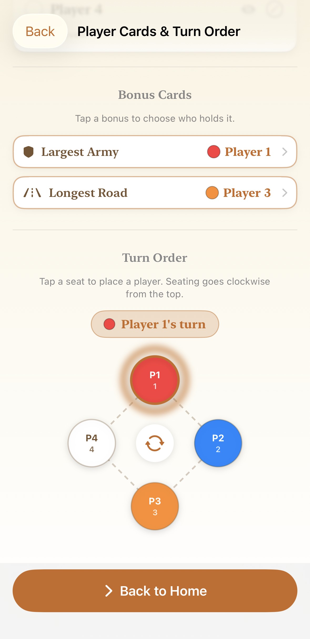 Bonus Cards and Turn Order screen: Largest Army and Longest Road each assigned to a player, plus a diamond seating chart with four players placed at its corners, one glowing to show whose turn it is.