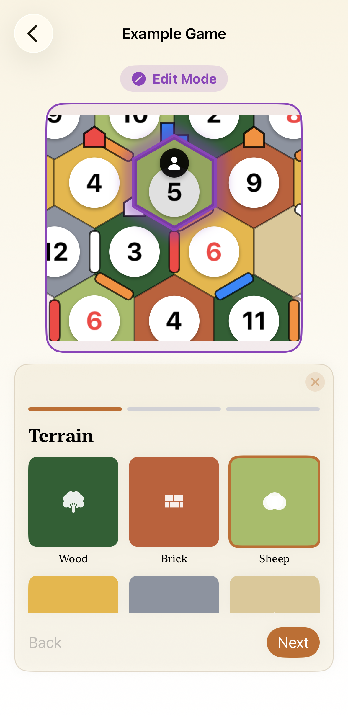 Board in edit mode with a purple-highlighted hex and a terrain picker open below it.