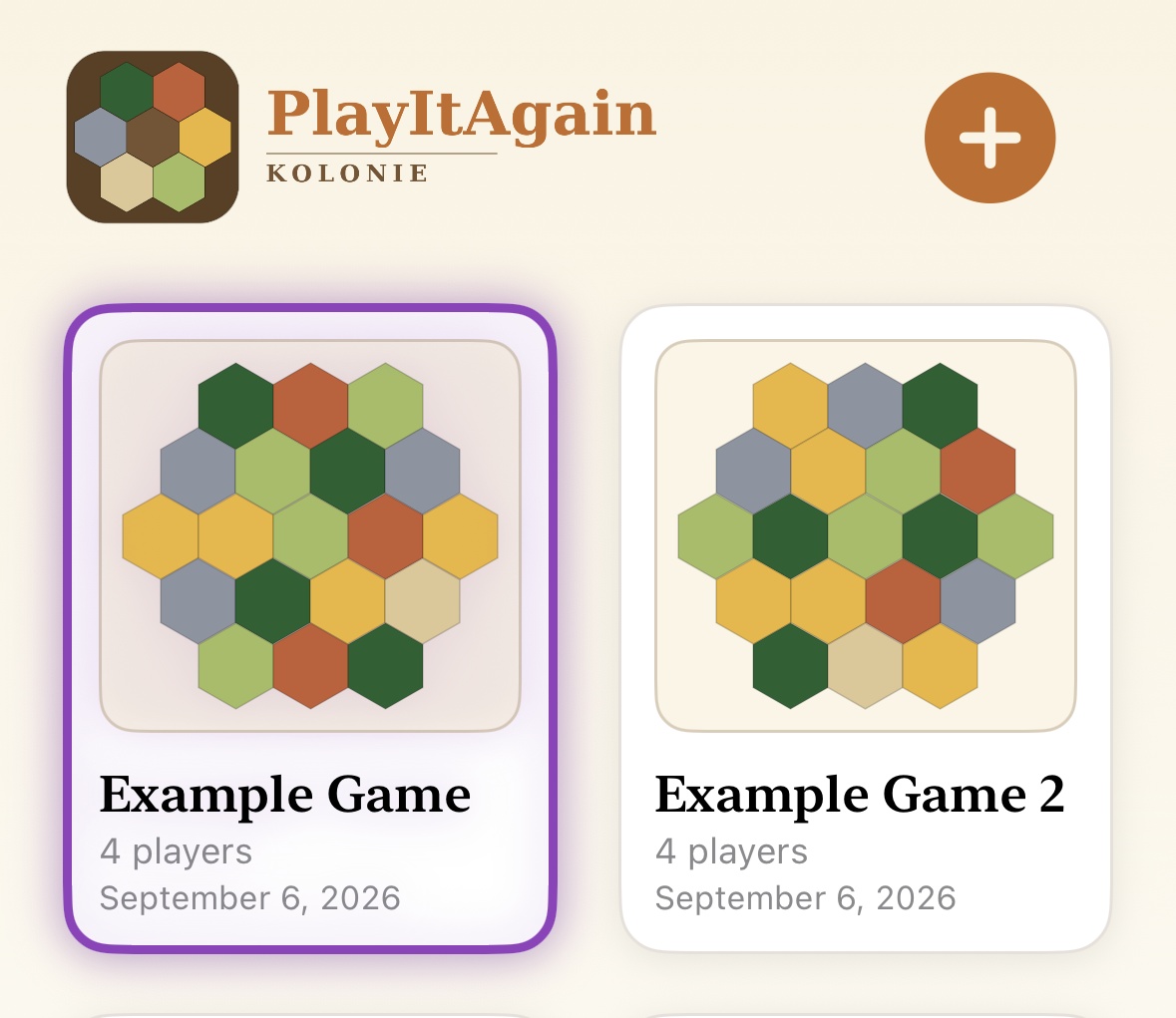 PlayItAgain home screen showing two saved games, with a newly saved game glowing purple to confirm it was saved.