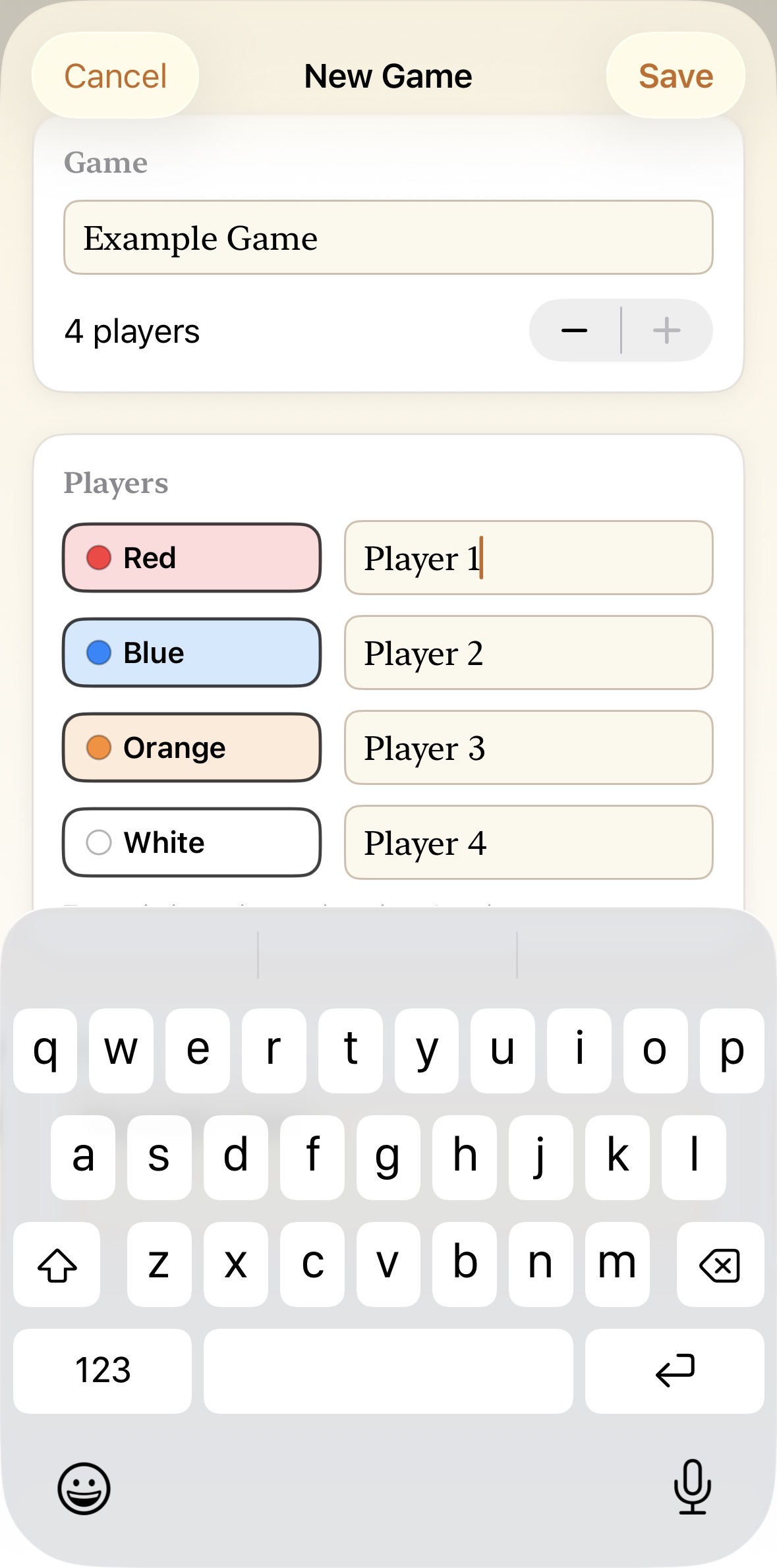 New Game screen with a name field, player count, and player color selection.