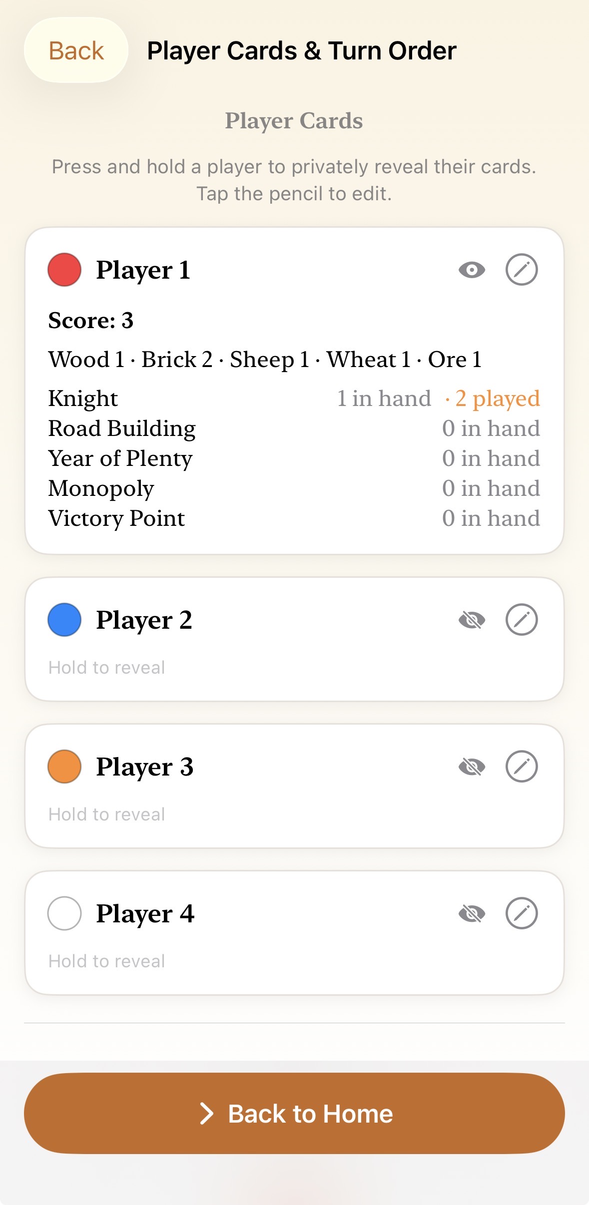 Player Cards screen with one player's hand revealed and three collapsed rows.