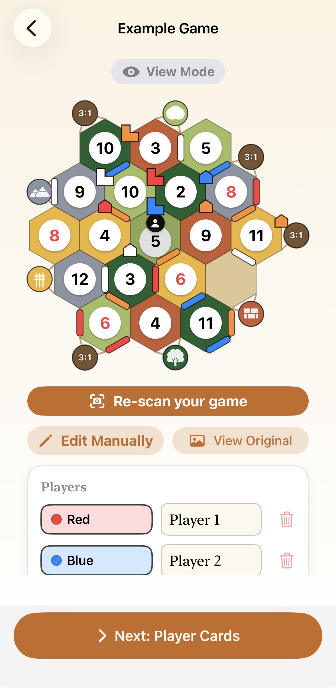 The same board fully digitized in the app, with terrain, numbers, and ports all filled in.